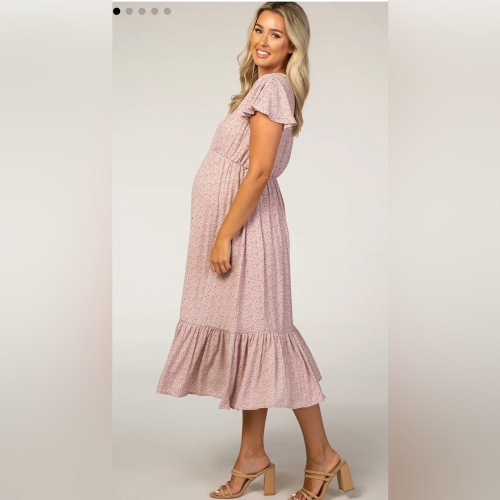Pink Dot Print Ruffle Maternity Midi Dress - Picture 2 of 6